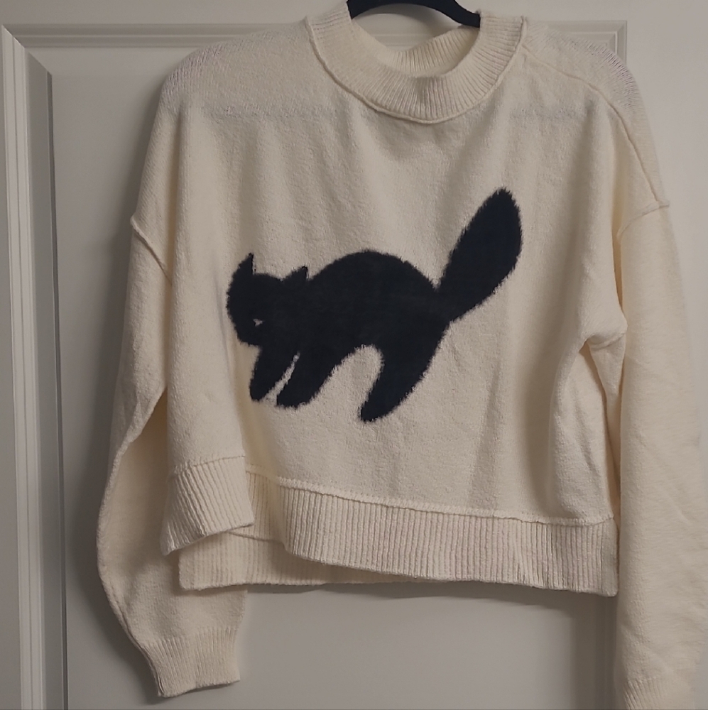 American Eagle Outfitters Cream Sweater with Black Cat Design